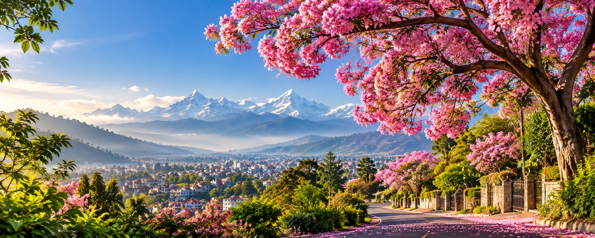 Pink flowering trees, green hills and Himalayan landscape in Nepal